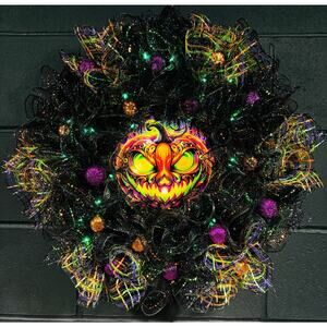Pre Lit Halloween Wreath Glowing Pumpkin  Light Up 24 Inch Handmade Deco Mesh
